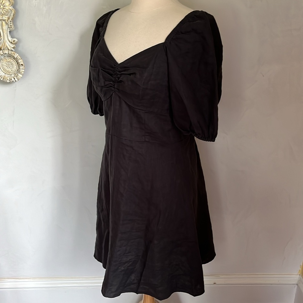 The drop Black Midi Linen Dress w/elbow length puffy short sleeves Size Medium - Picture 5 of 11